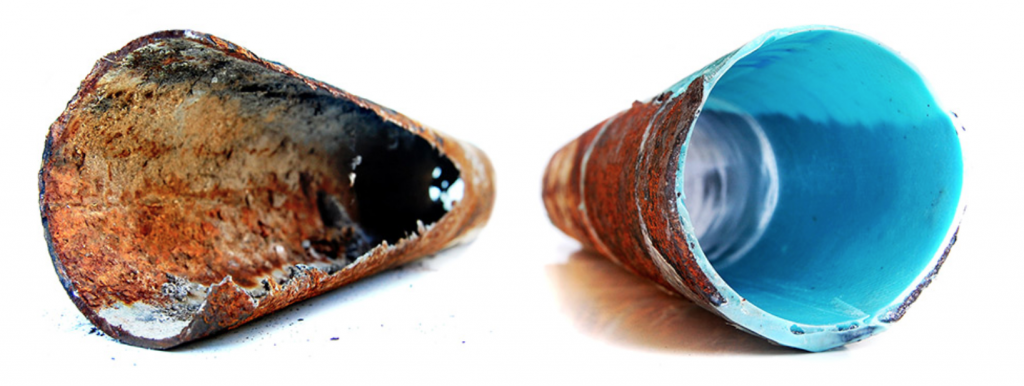 Nu Flow before and after: damaged pipe on left and new pipe on right with blue nu flow solution